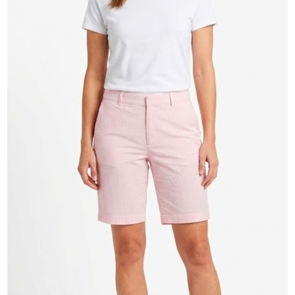 Orvis Womens Pink White Seersucker 8" Shorts Pinstripe Cotton Size 36 Casual